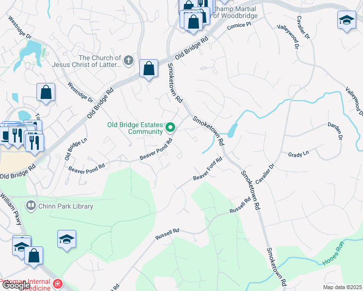 map of restaurants, bars, coffee shops, grocery stores, and more near 3644 Woodhaven Court in Woodbridge