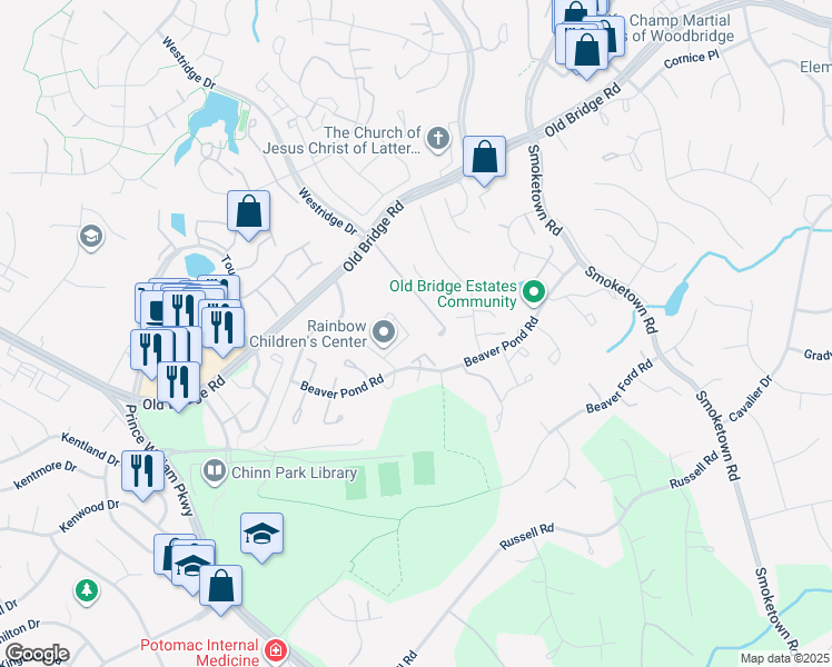 map of restaurants, bars, coffee shops, grocery stores, and more near 3947 Sunny Brook Court in Woodbridge