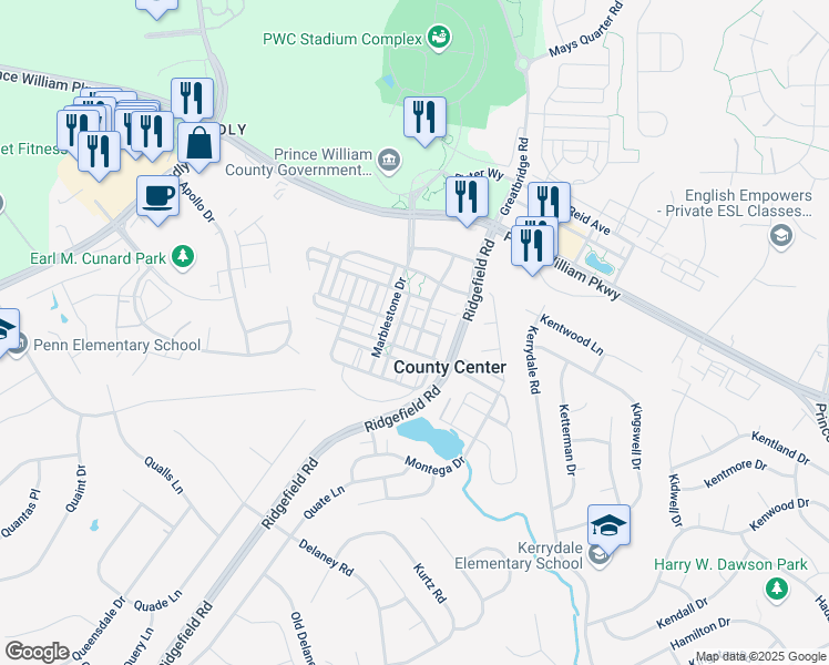 map of restaurants, bars, coffee shops, grocery stores, and more near 13064 Sourwood Way in Woodbridge
