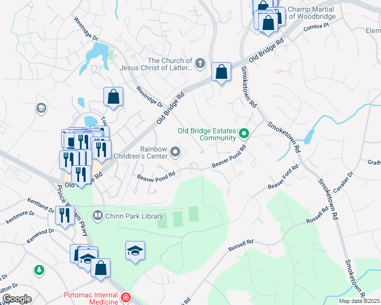 map of restaurants, bars, coffee shops, grocery stores, and more near 3947 Sunny Brook Court in Woodbridge