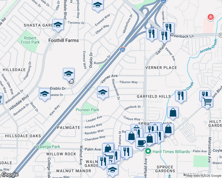 map of restaurants, bars, coffee shops, grocery stores, and more near 5244 Calistoga Way in Sacramento