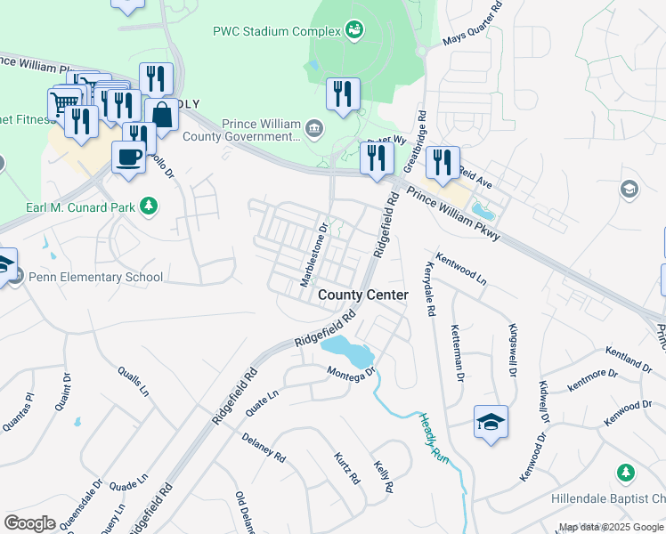 map of restaurants, bars, coffee shops, grocery stores, and more near 13064 Sourwood Way in Woodbridge