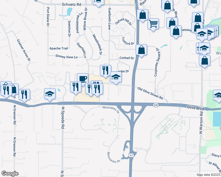 map of restaurants, bars, coffee shops, grocery stores, and more near 942 Guelbreth Lane in Creve Coeur