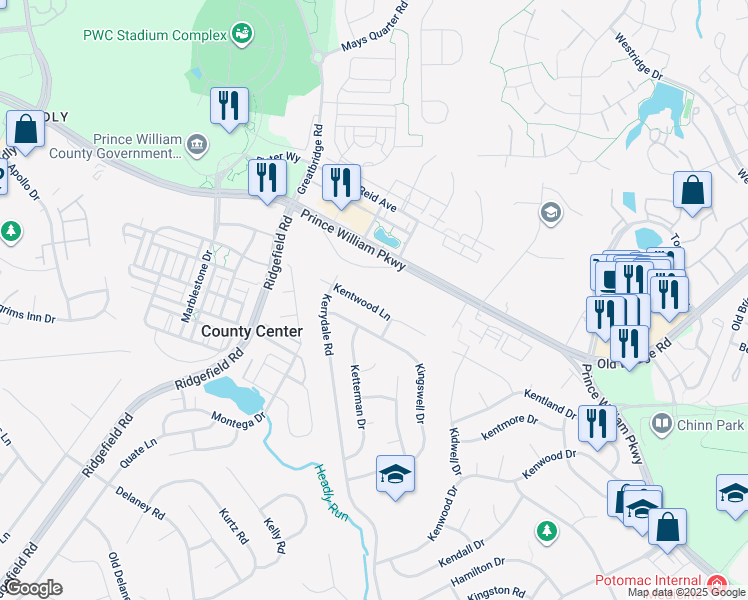 map of restaurants, bars, coffee shops, grocery stores, and more near 4706 Kentwood Lane in Woodbridge