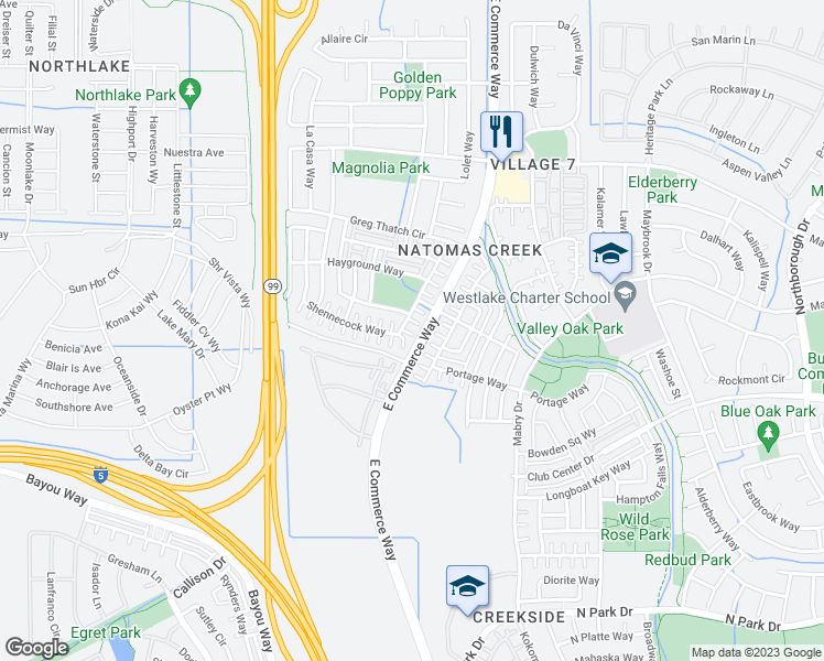 map of restaurants, bars, coffee shops, grocery stores, and more near 11 Beachcomber Place in Sacramento