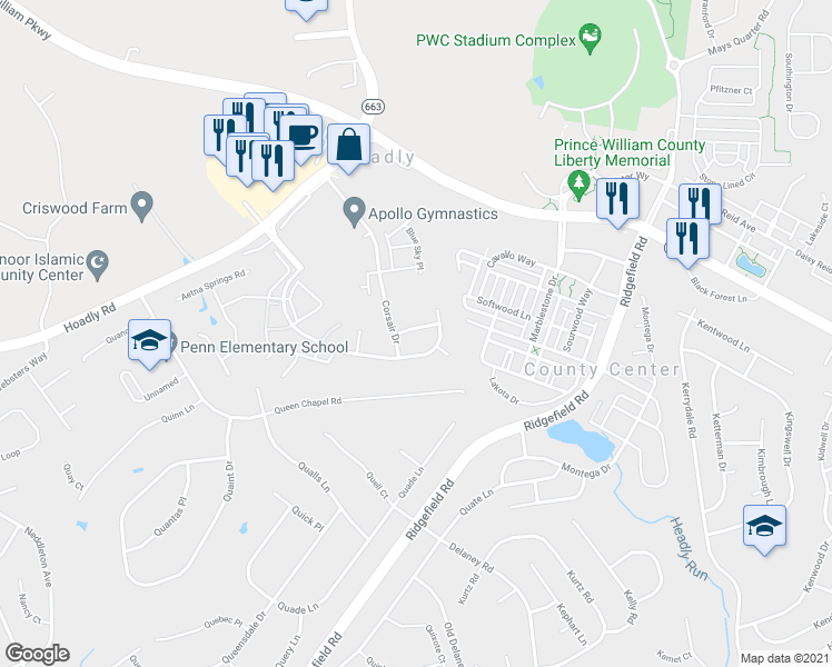 map of restaurants, bars, coffee shops, grocery stores, and more near 14010 Trawler Drive in Woodbridge