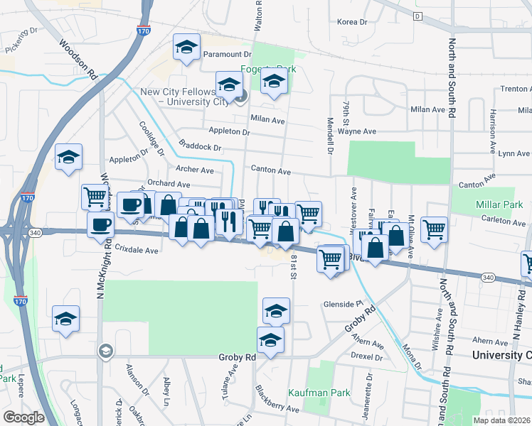 map of restaurants, bars, coffee shops, grocery stores, and more near 8128 Vardaman Avenue in St. Louis