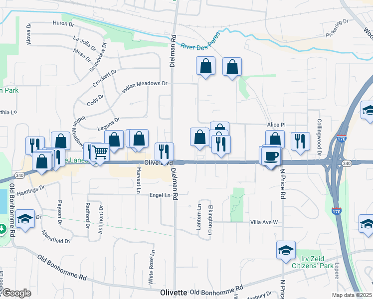 map of restaurants, bars, coffee shops, grocery stores, and more near 1143 Appleseed Lane in Olivette