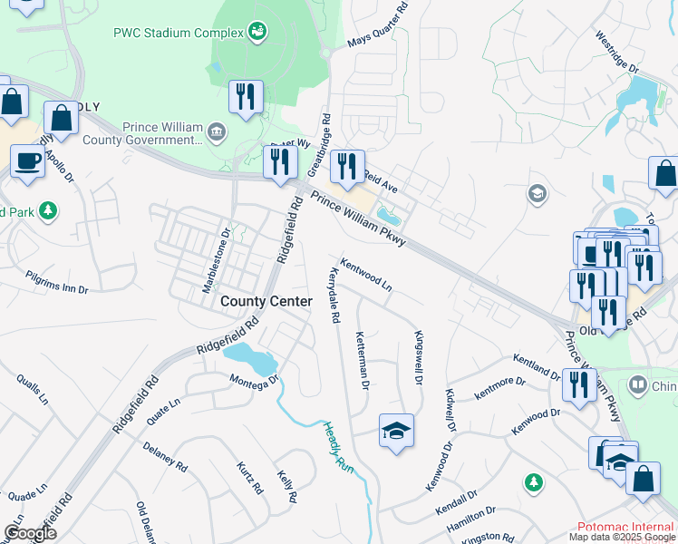 map of restaurants, bars, coffee shops, grocery stores, and more near 12803 Kerrydale Road in Woodbridge