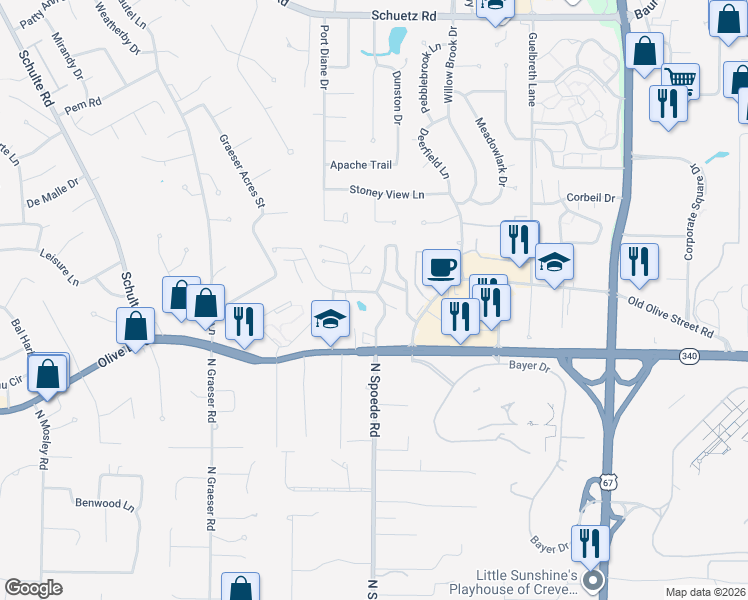 map of restaurants, bars, coffee shops, grocery stores, and more near 917 North Spoede Road in St. Louis