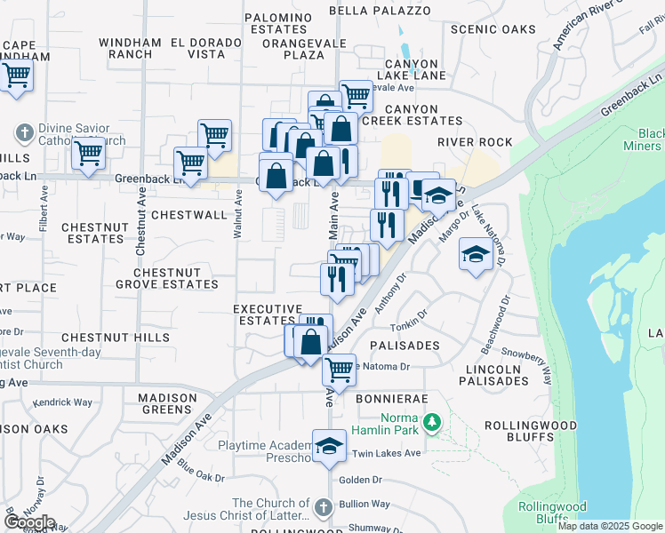 map of restaurants, bars, coffee shops, grocery stores, and more near 6000 Main Ave in Orangevale