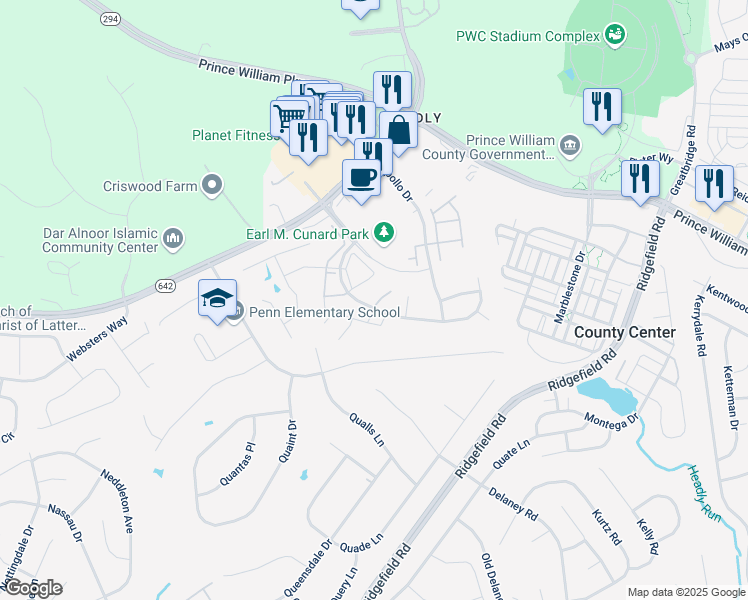map of restaurants, bars, coffee shops, grocery stores, and more near 5156 Race Pointe Place in Woodbridge