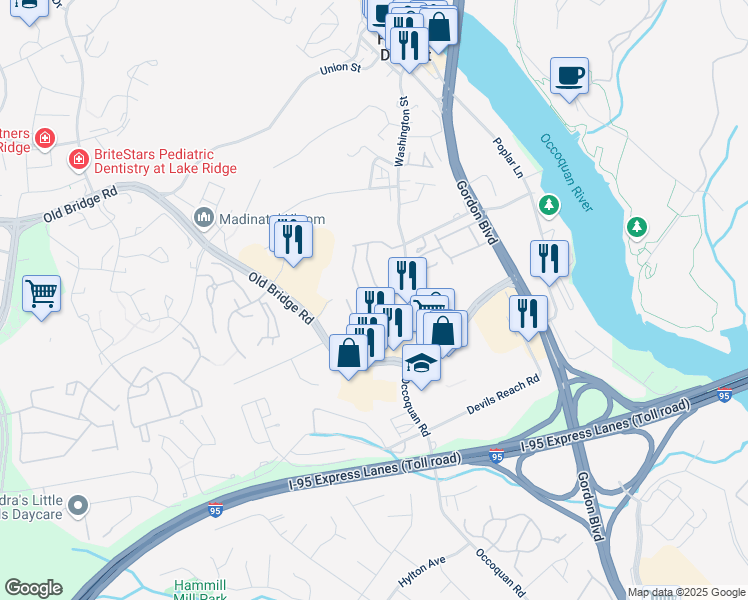 map of restaurants, bars, coffee shops, grocery stores, and more near 1550 Renate Drive in Woodbridge
