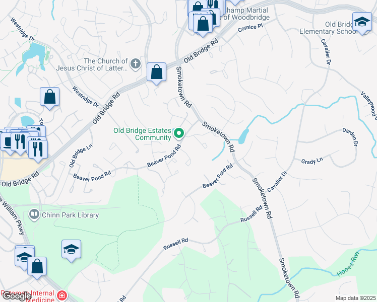map of restaurants, bars, coffee shops, grocery stores, and more near 3648 Woodhaven Court in Woodbridge