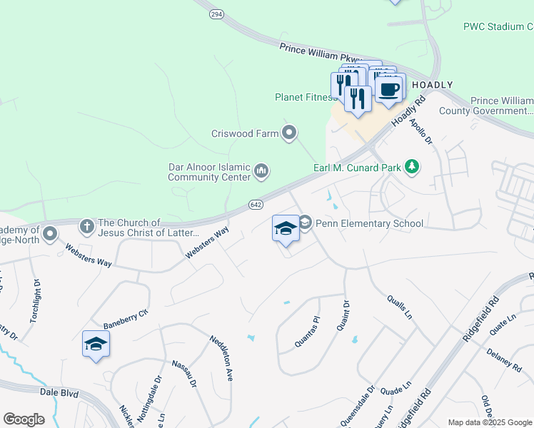 map of restaurants, bars, coffee shops, grocery stores, and more near 5408 Quance Lane in Woodbridge
