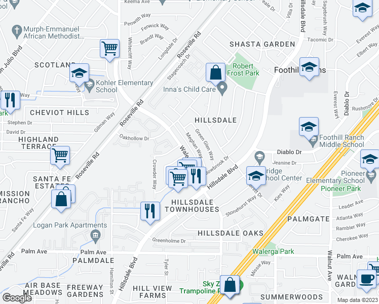 map of restaurants, bars, coffee shops, grocery stores, and more near 5900 Walerga Road in Sacramento