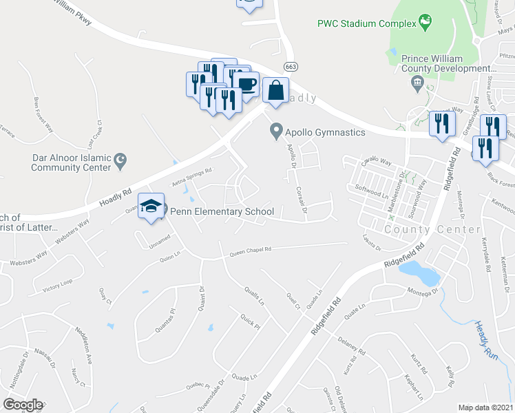 map of restaurants, bars, coffee shops, grocery stores, and more near 5156 Race Pointe Place in Woodbridge