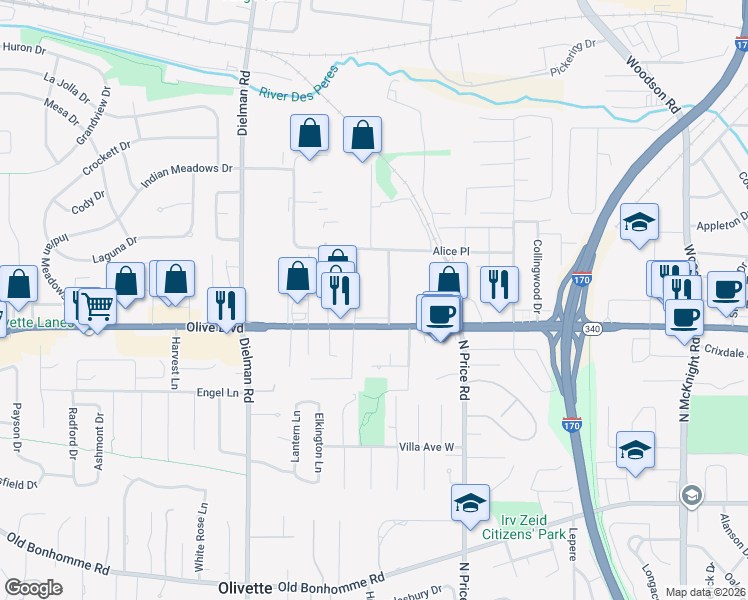 map of restaurants, bars, coffee shops, grocery stores, and more near 9321 Olive Boulevard in Olivette