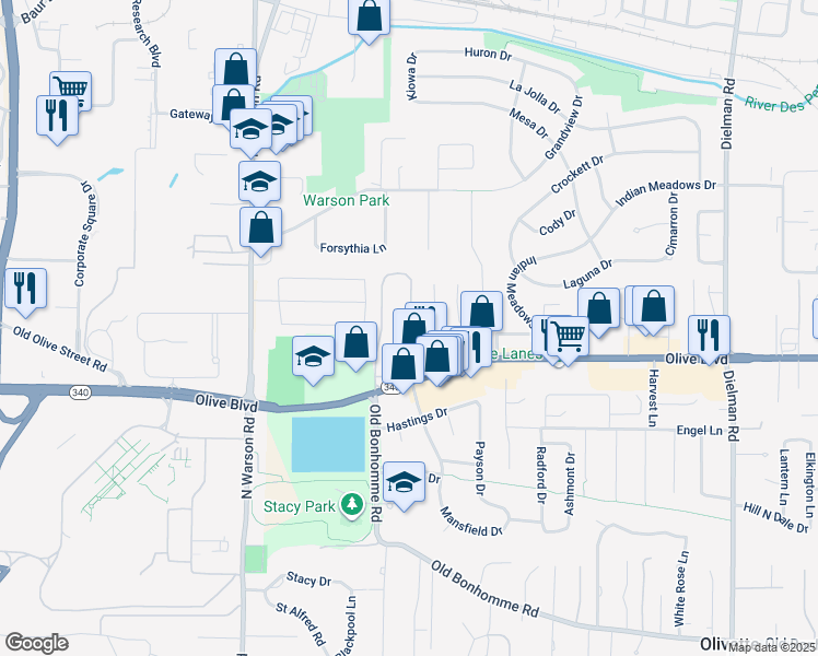 map of restaurants, bars, coffee shops, grocery stores, and more near 1135 Olive Lake Drive in Olivette
