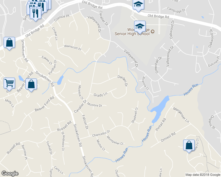 map of restaurants, bars, coffee shops, grocery stores, and more near 3258 Grady Lane in Woodbridge