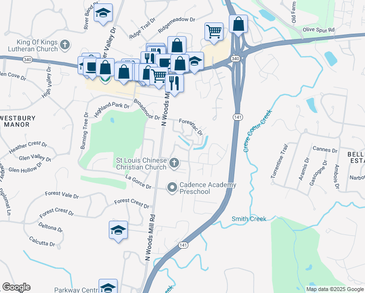 map of restaurants, bars, coffee shops, grocery stores, and more near 13415 Land O Woods Drive in St. Louis