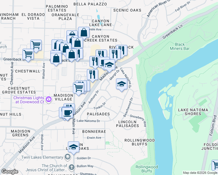 map of restaurants, bars, coffee shops, grocery stores, and more near 6041 Anthony Drive in Orangevale
