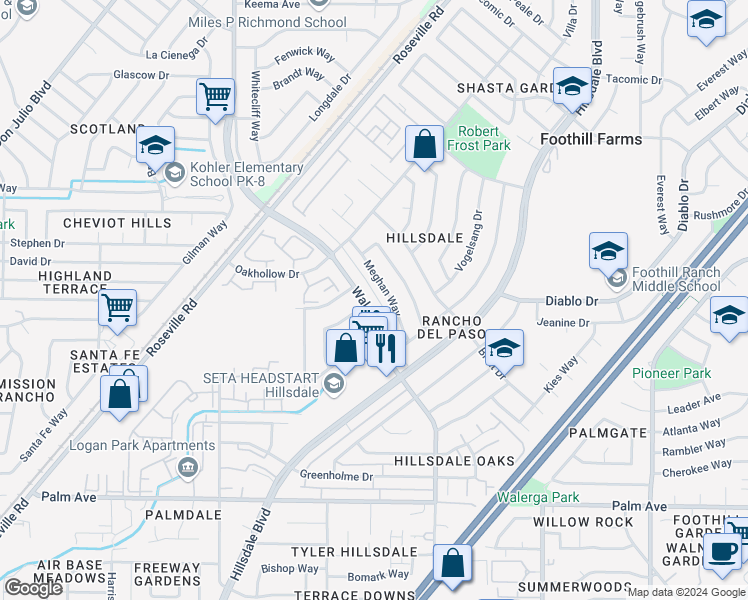 map of restaurants, bars, coffee shops, grocery stores, and more near 5900 Walerga Road in Sacramento