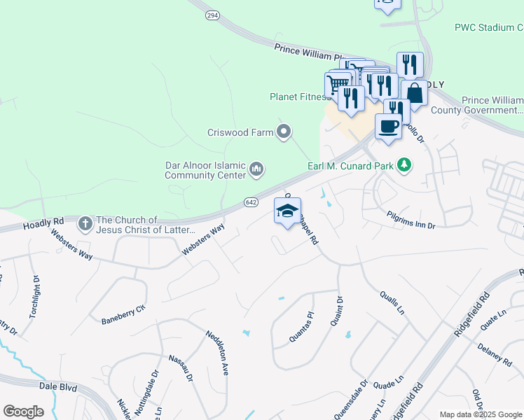 map of restaurants, bars, coffee shops, grocery stores, and more near 5408 Quance Lane in Woodbridge