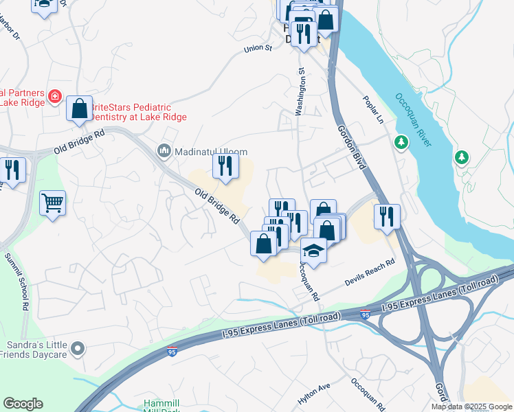map of restaurants, bars, coffee shops, grocery stores, and more near 12799 Cara Drive in Woodbridge