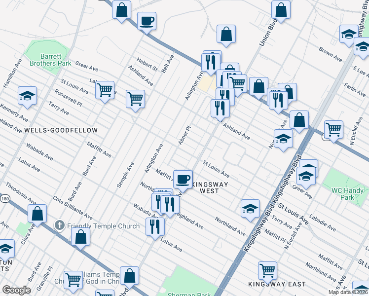 map of restaurants, bars, coffee shops, grocery stores, and more near 5318 Saint Louis Avenue in St. Louis