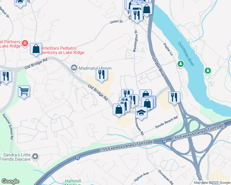 map of restaurants, bars, coffee shops, grocery stores, and more near 12799 Cara Drive in Woodbridge