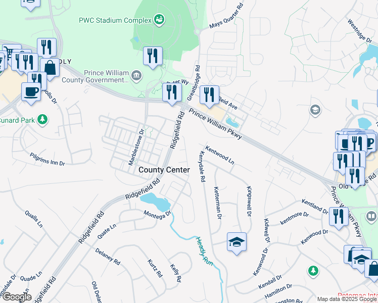map of restaurants, bars, coffee shops, grocery stores, and more near 4655 Montega Drive in Woodbridge