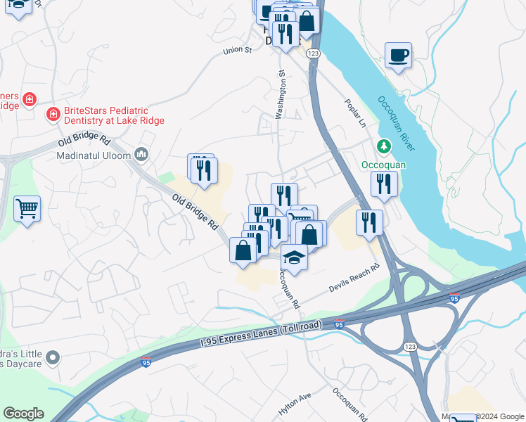 map of restaurants, bars, coffee shops, grocery stores, and more near 1550 Renate Drive in Woodbridge