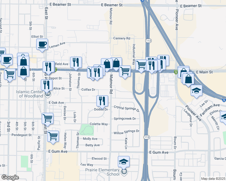 map of restaurants, bars, coffee shops, grocery stores, and more near 1399 Eaglerock Place in Woodland