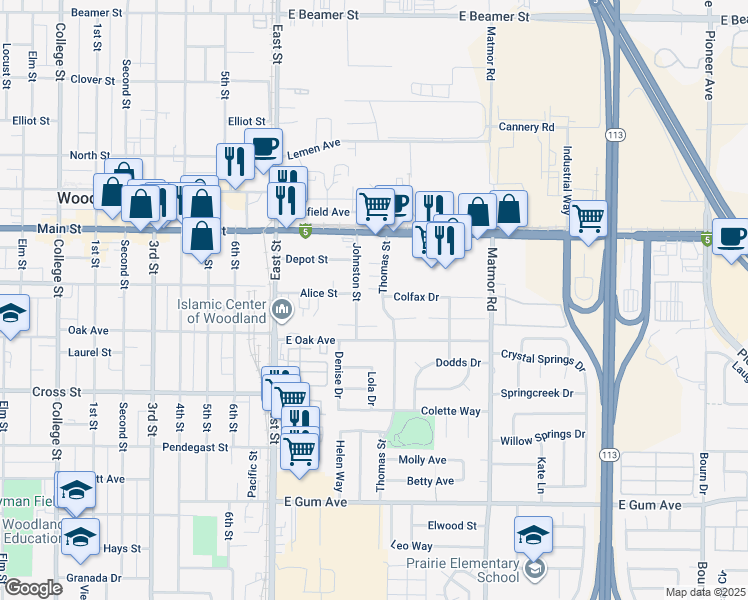 map of restaurants, bars, coffee shops, grocery stores, and more near 532 Thomas Street in Woodland