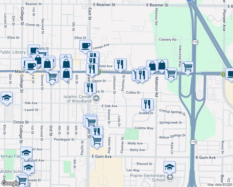 map of restaurants, bars, coffee shops, grocery stores, and more near 532 Thomas Street in Woodland