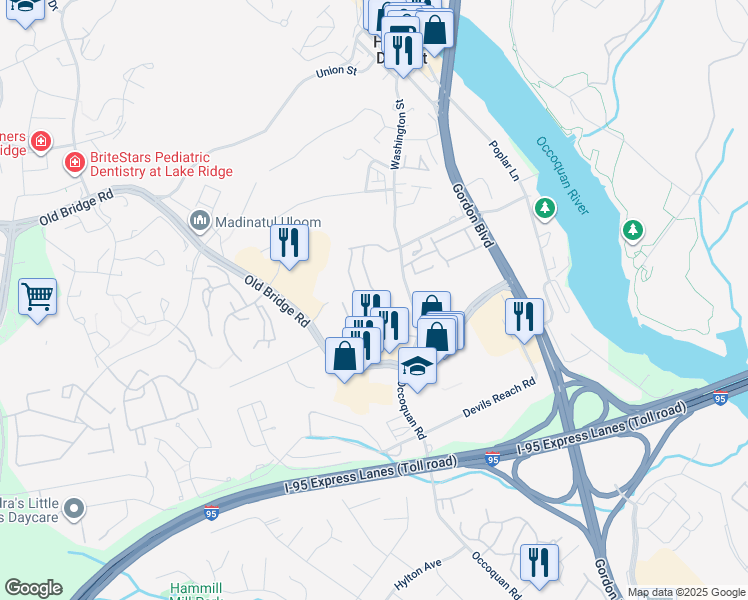 map of restaurants, bars, coffee shops, grocery stores, and more near 1550 Renate Drive in Woodbridge