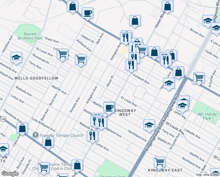 map of restaurants, bars, coffee shops, grocery stores, and more near 5318 Saint Louis Avenue in St. Louis