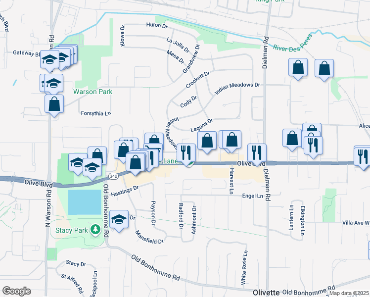 map of restaurants, bars, coffee shops, grocery stores, and more near 1108 Olive Village Court in St. Louis