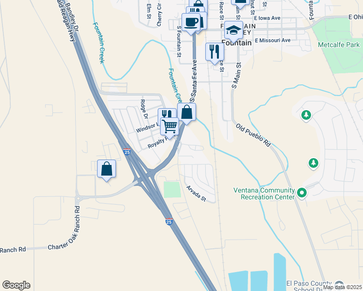 map of restaurants, bars, coffee shops, grocery stores, and more near 726 South Santa Fe Avenue in Fountain