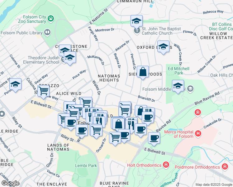 map of restaurants, bars, coffee shops, grocery stores, and more near 107 Grenoble Way in Folsom