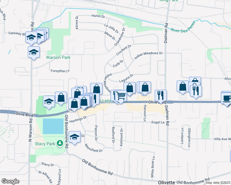 map of restaurants, bars, coffee shops, grocery stores, and more near 1108 Olive Village Court in St. Louis