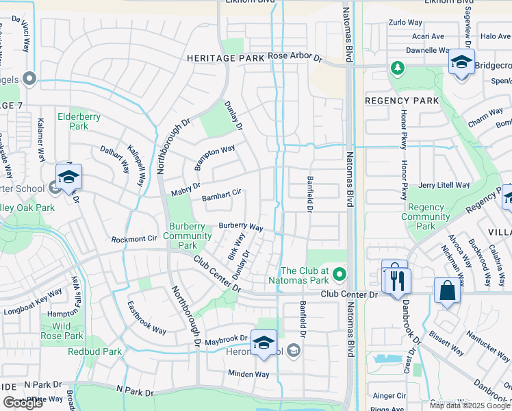 map of restaurants, bars, coffee shops, grocery stores, and more near 5413 Dunlay Drive in Sacramento