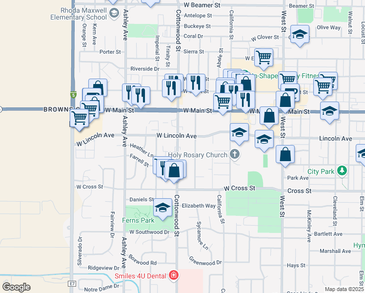 map of restaurants, bars, coffee shops, grocery stores, and more near in Woodland