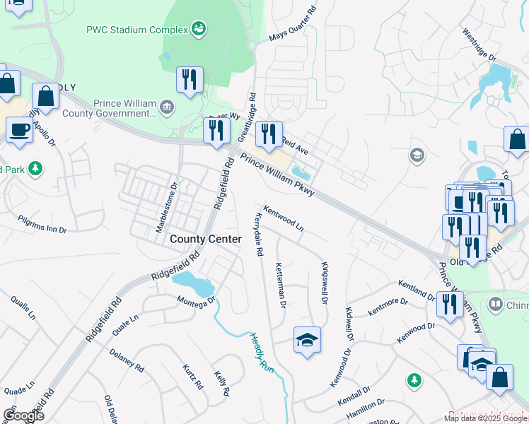 map of restaurants, bars, coffee shops, grocery stores, and more near 12801 Kerrydale Road in Woodbridge