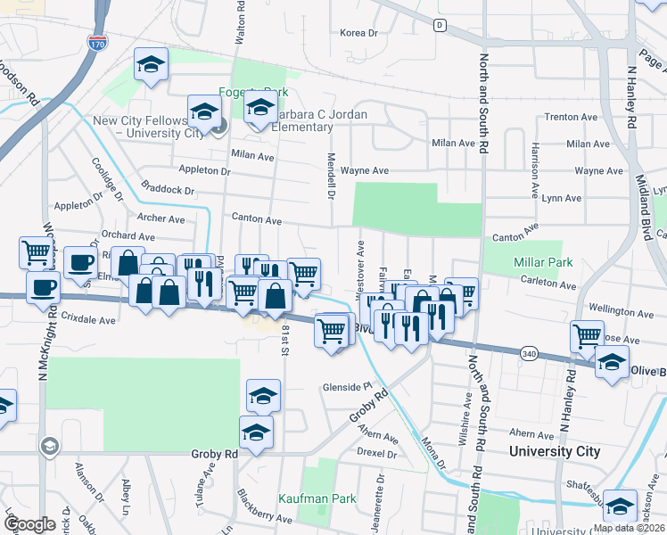 map of restaurants, bars, coffee shops, grocery stores, and more near 8022 Hafner Court in University City