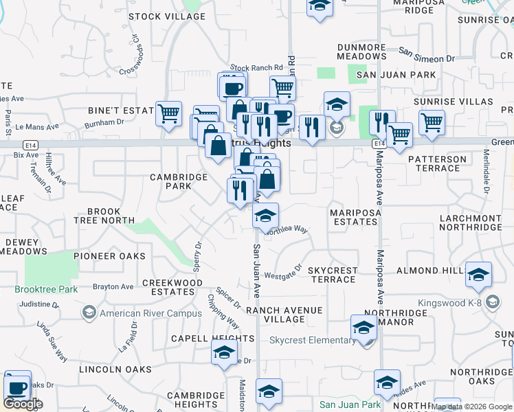 map of restaurants, bars, coffee shops, grocery stores, and more near San Juan Ave & Sperry Dr in Citrus Heights