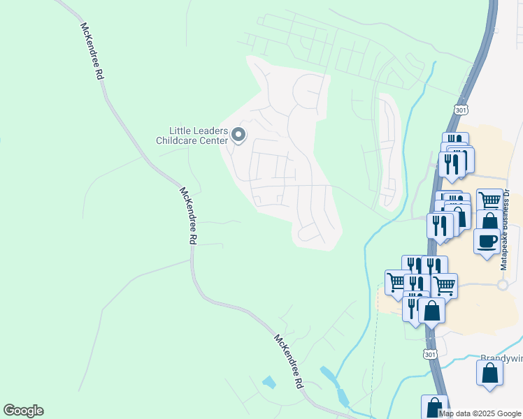 map of restaurants, bars, coffee shops, grocery stores, and more near 15607 Birmingham Circle in Brandywine