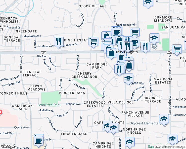 map of restaurants, bars, coffee shops, grocery stores, and more near 7104 Grady Drive in Citrus Heights