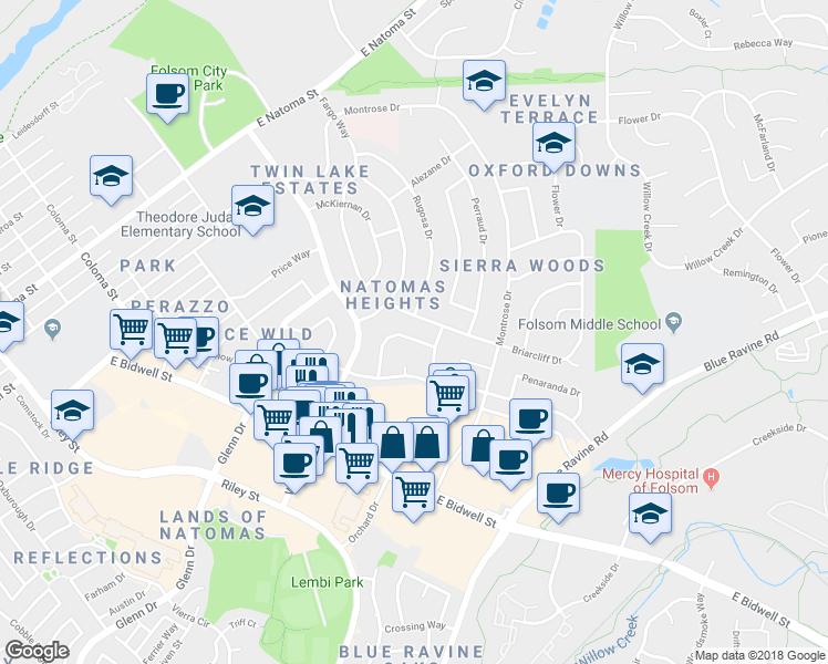 map of restaurants, bars, coffee shops, grocery stores, and more near 122 Coralie Way in Folsom